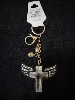 Crystal Winged Cross Keychain - Gold Hardware, Black Backing